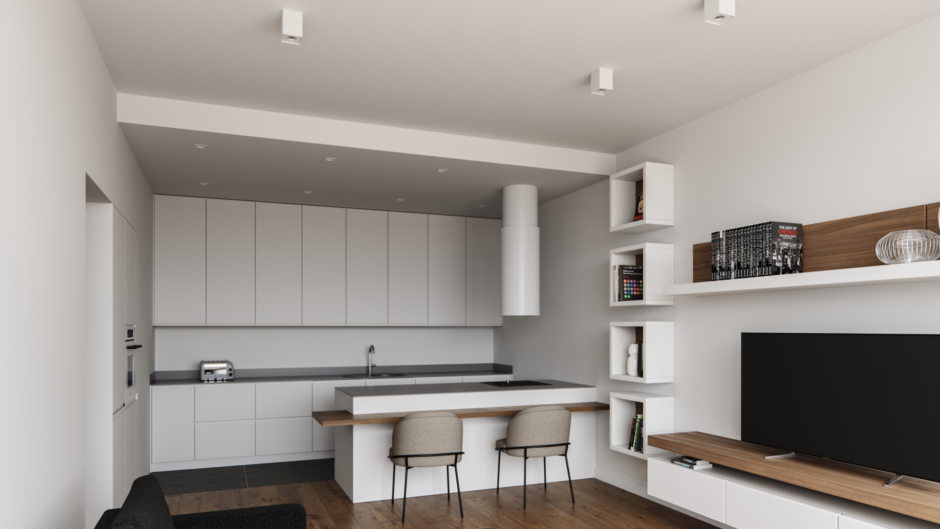 Osvětlení v kuchyni otevřené do obývacího pokoje